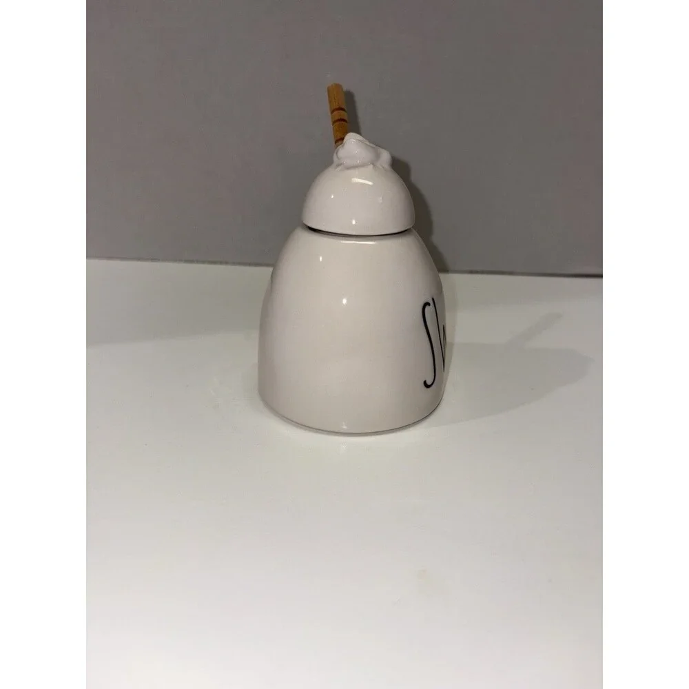 Rae Dunn Honey Pot with Bee Lid & Wooden Dipper Artisan Collection by Magenta 5”